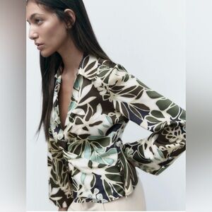 Zara Floral Twist Front Blouse Size S Green Blue Satin Look Top Side Zipper